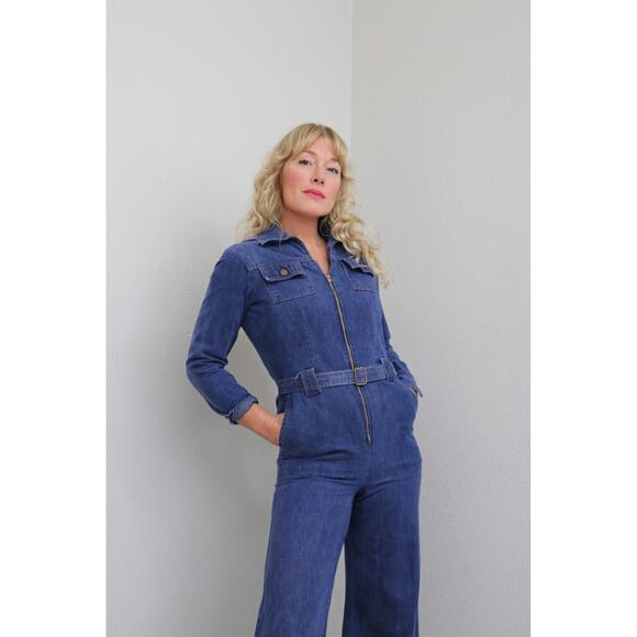1970's Vintage Zip Up Denim Jumpsuit ~ Women's XS SM ~ Zip Up Front Wide Leg - Picture 9 of 10